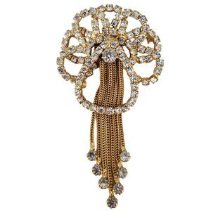 Gold Tone Vintage Prong Set Rhinestone Bow Waterfall Chain Tassel Brooch L79